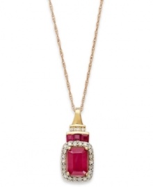 A royal touch. Square and cushion-cut rubies (1-5/8 ct. t.w.) create a brilliant statement, while round-cut diamonds (1/5 ct. t.w.) around the edges add shine on this stunning pendant. Set in 14k rose gold. Approximate length: 18 inches. Approximate drop: 4/5 inch.