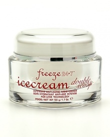 A smoothing, moisturizing complex that provides intense hydration while nourishing, firming and toning skin- provides immediate and long term benefits. This high-tech, super-charged skincare cocktail takes the moisturizing experience to the next level. Luxurious and exceptionally hydrating, IceCream Double Scoop™ is a powerful moisturizing complex of ingredients that hydrates the skin while providing serious anti-aging benefits. A powerful moisturizing complex that hydrates, nourishes firms and tones the skin Works with all Freeze 24-7® products to enhance their performance, while also functioning as a powerful, luxurious stand-alone intensive moisturizing treatment Diminishes expression line formations while shielding the skin from oxidative stress and UVA/UVB rays Skin looks supple, vibrant and healthy - noticeably radiant and smooth Reduces the appearance of facial expression lines and other common signs of aging Fights free radical damage and oxidative stress with L-Carnosine & Green Tea Extract Not tested on animals and contains no animal by-products. Dermatologist Tested HypoallergenicNon-SensitizingAllergy Tested Clinically Tested Non-irritating A smoothing, moisturizing complex that provides intense hydration while nourishing, firming and toning skin- provides immediate and long term benefits. This high-tech, super-charged skincare cocktail takes the moisturizing experience to the next level. Luxurious and exceptionally hydrating, IceCream Double Scoop™ is a powerful moisturizing complex of ingredients that hydrates the skin while providing serious anti-aging benefits. A powerful moisturizing complex that hydrates, nourishes firms and tones the skin Works with all Freeze 24-7® products to enhance their performance, while also functioning as a powerful, luxurious stand-alone intensive moisturizing treatment Diminishes expression line formations while shielding the skin from oxidative stress and UVA/UVB rays Skin looks supple, vibrant and healthy - noticeably radiant and smooth Reduces the appearance of facial expression lines and other common signs of aging Fights free radical damage and oxidative stress with L-Carnosine & Green Tea Extract Not tested on animals and contains no animal by-products. Dermatologist Tested HypoallergenicNon-SensitizingAllergy Tested Clinically Tested Non-irritating