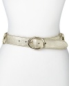 Waist-cinching gets glamorous with Cole Haan's metallic double ring belt. The sleek style adds eye-catching shine buckled over a daytime blouse or cocktail-ready LBDs.