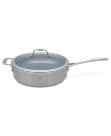 Combining a history of professional performance and unbeatable quality with stainless steel mastery, this fully clad 3-ply sauté pan takes center stage in your space. The eco-friendly Thermolon nonstick ceramic coating and thick aluminum core promote hassle-free meals where food cooks quickly, evenly & releases with ease. 2-year warranty.