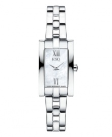 Clean and contemporary, the Linque watch by ESQ by Movado showcases a lustrous dial. Stainless steel bracelet and rectangular case. Mother-of-pearl dial features silver tone Roman numerals at twelve and six o'clock, two hands and logo. Swiss quartz movement. Water resistant to 30 meters. Two-year limited warranty. Clean and contemporary, the Linque watch by ESQ by Movado showcases a lustrous dial. Stainless steel bracelet and rectangular case. Mother-of-pearl dial features silver tone Roman numerals at twelve and six o'clock, two hands and logo. Swiss quartz movement. Water resistant to 30 meters. Two-year limited warranty.