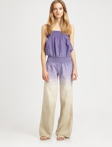 Ombré print adds a trend-smart touch to this retro-inspired linen favorite with an elasticized drop waist and wide-leg construction. StraplessSmocked, elasticized drop waistInseam, about 33LinenHand washImportedModel shown is 5'10 (177cm) wearing US size Small. Ombré print adds a trend-smart touch to this retro-inspired linen favorite with an elasticized drop waist and wide-leg construction. StraplessSmocked, elasticized drop waistInseam, about 33LinenHand washImportedModel shown is 5'10 (177cm) wearing US size Small.