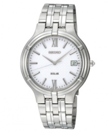 Time-honored style and watchmaking expertise, by Seiko. This solar-powered watch features a flawless stainless steel bracelet and round case, 37mm. Handsome white dial with silvertone hands, stick indices, Roman numerals at twelve and six o'clock and date window at three o'clock. Solar quartz movement also allows for ten-month energy storage, quick start function and energy depletion warning. Water resistant to 30 meters. Three-year limited warranty. A Macy's exclusive. Time-honored style and watchmaking expertise, by Seiko. This solar-powered watch features a flawless stainless steel bracelet and round case, 37mm. Handsome white dial with silvertone hands, stick indices, Roman numerals at twelve and six o'clock and date window at three o'clock. Solar quartz movement also allows for ten-month energy storage, quick start function and energy depletion warning. Water resistant to 30 meters. Three-year limited warranty. A Macy's exclusive.