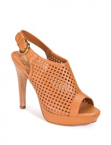 THE LOOKOpen toe Perforated leather upper Adjustable ankle strapTHE FITSelf-covered heel, 5 (5mm) Self-covered platform, 1 (25mm) Compare to a 4 heel (100mm)THE MATERIALLeather lining and sole Padded insoleORIGINImportedOUR FIT MODEL RECOMMENDS ordering one half size up as this style runs small. 