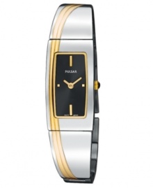 A chic bangle bracelet with modern flair by Pulsar. This watch features a silvertone and goldtone bracelet and rectangular case. Black dial with goldtone stick indices and logo. Quartz analog movement. Water resistant to 30 meters. Three-year limited warranty. A chic bangle bracelet with modern flair by Pulsar. This watch features a silvertone and goldtone bracelet and rectangular case. Black dial with goldtone stick indices and logo. Quartz analog movement. Water resistant to 30 meters. Three-year limited warranty.