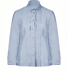 Dashing and demure, this pleat-front silk blouse from Jil Sander Navy injects old-fashioned elegance into your workweek style - Small Peter Pan collar, bracelet-length sleeves, front button placket with pleated pintucks - Tailored silhouette - Pair with cropped trousers or a figure-hugging pencil skirt Dashing and demure, this pleat-front silk blouse from Jil Sander Navy injects old-fashioned elegance into your workweek style - Small Peter Pan collar, bracelet-length sleeves, front button placket with pleated pintucks - Tailored silhouette - Pair with cropped trousers or a figure-hugging pencil skirt
