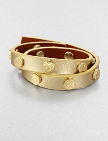 Signature studs embellished a shiny metallic leather style in a double wrap design. Metallic leather16K goldplated brassLength, about 15.5Bar buckle closureImported Signature studs embellished a shiny metallic leather style in a double wrap design. Metallic leather16K goldplated brassLength, about 15.5Bar buckle closureImported
