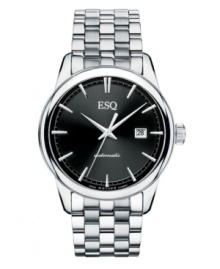 An absolutely stunning and classic design from ESQ by Movado, this Chronicle watch features self-winding movement. Stainless steel bracelet and round case with exhibition back and sapphire crystal. Black dial features applied silvertone stick indices, printed minute track, date window at three o'clock and logo at twelve o'clock. Swiss automatic movement. Water resistant to 50 meters. Two-year limited warranty. An absolutely stunning and classic design from ESQ by Movado, this Chronicle watch features self-winding movement. Stainless steel bracelet and round case with exhibition back and sapphire crystal. Black dial features applied silvertone stick indices, printed minute track, date window at three o'clock and logo at twelve o'clock. Swiss automatic movement. Water resistant to 50 meters. Two-year limited warranty.