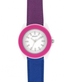 Give a nod to nature with this berry-colored and eco-friendly watch by Sprout. Purple and blue organic cotton strap and round white corn resin case with pink bezel and mineral crystal. Natural mother-of-pearl dial features applied silver tone stick indices, black printed minute track, three silver tone hands and logo. Quartz movement. Limited lifetime warranty.
