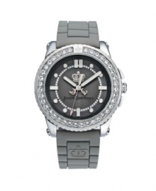 Sophisticated glam. Juicy Couture Pedigree watch crafted of gray synthetic jelly strap and round stainless steel case. Bezel crystallized with Swarovski elements. Textured gray dial features applied silver tone stick indices and dot markers, three hands and crown logo. Quartz movement. Water resistant to 30 meters. Two-year limited warranty. Sophisticated glam. Juicy Couture Pedigree watch crafted of gray synthetic jelly strap and round stainless steel case. Bezel crystallized with Swarovski elements. Textured gray dial features applied silver tone stick indices and dot markers, three hands and crown logo. Quartz movement. Water resistant to 30 meters. Two-year limited warranty.