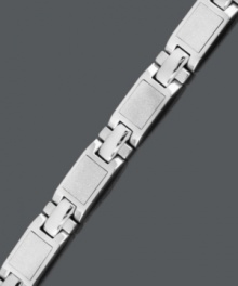 Strength and style combine in this stately men's bracelet. Crafted in durable stainless steel, bracelet features a textured finish and shapely square link. Approximate length: 8-1/2 inches. Strength and style combine in this stately men's bracelet. Crafted in durable stainless steel, bracelet features a textured finish and shapely square link. Approximate length: 8-1/2 inches.