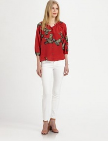 A playful print flocks this airy blouson silhouette crafted from woven silk georgette.Shirred jewelneckButton-down frontGathered sleevesGathered backAbout 23 from shoulder to hemSilkDry cleanMade in USA of imported fabricModel shown is 5'10 (177cm) wearing US size Small. A playful print flocks this airy blouson silhouette crafted from woven silk georgette.Shirred jewelneckButton-down frontGathered sleevesGathered backAbout 23 from shoulder to hemSilkDry cleanMade in USA of imported fabricModel shown is 5'10 (177cm) wearing US size Small.