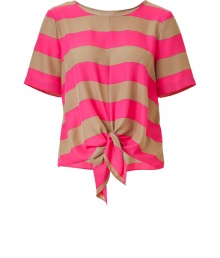 Perennially chic sailor stripes get a modern makeover with Tibis sand and magenta silk blend top - On trend, boxier cut with short sleeves and a wide, round neckline - Draped knot detail at front hem - Two-button decorative embellishment at back - Casually elegant, seamlessly transitions from work to play - Pair with cigarette trousers, skinny denim, shorts or capris Perennially chic sailor stripes get a modern makeover with Tibis sand and magenta silk blend top - On trend, boxier cut with short sleeves and a wide, round neckline - Draped knot detail at front hem - Two-button decorative embellishment at back - Casually elegant, seamlessly transitions from work to play - Pair with cigarette trousers, skinny denim, shorts or capris