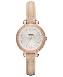 A slimmer version of their Heather collection, this Fossil watch stuns in feminine hues. A slimmer version of their Heather collection, this Fossil watch stuns in feminine hues.