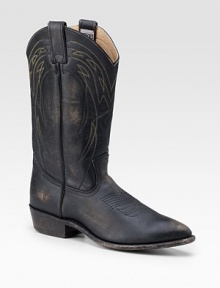 A modern spin on an old West favorite, redefined with classic stitching in gently distressed leather. Point toe 12 shaft Leather lining Rubber sole Imported A modern spin on an old West favorite, redefined with classic stitching in gently distressed leather. Point toe 12 shaft Leather lining Rubber sole Imported