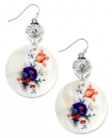 Beach-chic style with a vintage vibe. Robert Rose's pretty drop earrings feature white shells decorated with pretty flower accents printed on the surface. Set in silver-plated mixed metal. Approximate drop: 2 inches. Beach-chic style with a vintage vibe. Robert Rose's pretty drop earrings feature white shells decorated with pretty flower accents printed on the surface. Set in silver-plated mixed metal. Approximate drop: 2 inches.
