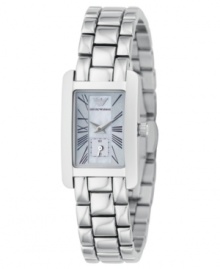 More than a pretty face. This Emporio Armani timepiece features a stainless steel bracelet and case. Mother-of-pearl dial with logo at 12 o'clock, Roman numerals and seconds subdial. Two hands. Quartz movement. Water resistant to 30 meters. Two-year limited warranty.