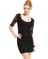 Own the night in this picture-perfect little black dress from Jump! Sheer lace sleeves and a sultry cutout at the back style up your party look.