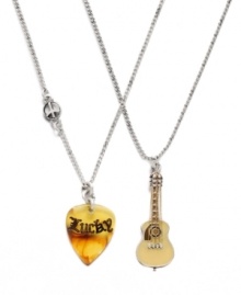 Keep one of these Lucky Brand necklaces for yourself and give the other to your friend with the best taste in music! One necklace features a guitar pendant; other necklace features a logo-embossed guitar pick pendant. Crafted in mixed metal, white jade, resin and crystal. Approximate length: 16 inches + 1/2-inch extender. Approximate guitar drop: 1-1/2 inches. Approximate pick drop: 1 inch. Keep one of these Lucky Brand necklaces for yourself and give the other to your friend with the best taste in music! One necklace features a guitar pendant; other necklace features a logo-embossed guitar pick pendant. Crafted in mixed metal, white jade, resin and crystal. Approximate length: 16 inches + 1/2-inch extender. Approximate guitar drop: 1-1/2 inches. Approximate pick drop: 1 inch.