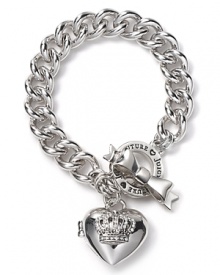 A crown-embossed heart locket on chainlink bracelet with bow toggle closure from Juicy Couture. A crown-embossed heart locket on chainlink bracelet with bow toggle closure from Juicy Couture.
