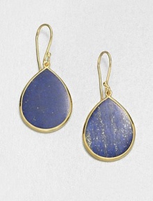 Rich, bold lapis surrounded by radiant 18k gold in a beautiful teardrop shape. Lapis18k goldLength, about 1¼Hook backImported 