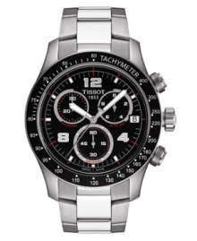 Make time fly. This multifunctional Tissot watch features a stainless steel bracelet and round case. Black chronograph dial with logo, date window, three subdials, silvertone stick indices and numerals at four o'clock, eight o'clock and twelve o'clock. Quartz movement. Water resistant to 100 meters. Two-year limited warranty. Make time fly. This multifunctional Tissot watch features a stainless steel bracelet and round case. Black chronograph dial with logo, date window, three subdials, silvertone stick indices and numerals at four o'clock, eight o'clock and twelve o'clock. Quartz movement. Water resistant to 100 meters. Two-year limited warranty.