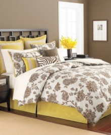 A bed of roses. Martha Stewart Collection offers a beautiful look for the bedroom with this Rose Charmont comforter set, featuring a bold floral and leaf design in a brown and white colorway. The European shams, bedskirt and decorative pillows bring complementary designs and bright bursts of color to the set. A bed of roses. Martha Stewart Collection offers a beautiful look for the bedroom with this Rose Charmont comforter set, featuring a bold floral and leaf design in a brown and white colorway. The European shams, bedskirt and decorative pillows bring complementary designs and bright bursts of color to the set.