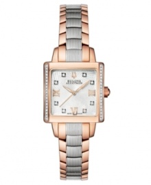 Effortlessly move between day and night, corporate and casual, with this stunning Masella watch by Bulova Accutron. Stainless steel bracelet with outer links of rose-gold PVD and square case with curved sapphire crystal. Bezel embellished with diamond accents at left and right. Silver tone web-patterned dial features rose-gold tone Roman numerals at twelve, three, six and nine o'clock, three hands and logo at twelve o'clock. Swiss quartz movement. Water resistant to 30 meters. Five-year limited warranty.