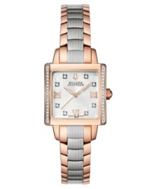 Effortlessly move between day and night, corporate and casual, with this stunning Masella watch by Bulova Accutron. Stainless steel bracelet with outer links of rose-gold PVD and square case with curved sapphire crystal. Bezel embellished with diamond accents at left and right. Silver tone web-patterned dial features rose-gold tone Roman numerals at twelve, three, six and nine o'clock, three hands and logo at twelve o'clock. Swiss quartz movement. Water resistant to 30 meters. Five-year limited warranty. Effortlessly move between day and night, corporate and casual, with this stunning Masella watch by Bulova Accutron. Stainless steel bracelet with outer links of rose-gold PVD and square case with curved sapphire crystal. Bezel embellished with diamond accents at left and right. Silver tone web-patterned dial features rose-gold tone Roman numerals at twelve, three, six and nine o'clock, three hands and logo at twelve o'clock. Swiss quartz movement. Water resistant to 30 meters. Five-year limited warranty.