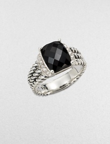 From the Petite Wheaton Collection. A stunning, faceted black onyx stone flanked by brilliant diamonds on a sterling silver, triple-row shank. Black onyx Diamonds, .1 tcwSterling silverImported