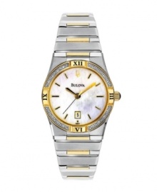 Beautiful stainless steel bracelet with goldtone accents and a goldtone case. Mother-of Pearl dial with diamond encrusted bezel. Date window and three-hand movement. Water resistant to 30 meters. Beautiful stainless steel bracelet with goldtone accents and a goldtone case. Mother-of Pearl dial with diamond encrusted bezel. Date window and three-hand movement. Water resistant to 30 meters.