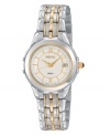 A beautiful silvertone bracelet with refined goldtone accents gives this women's watch from Seiko sophisticated charm. Stainless steel bracelet and round case. White round dial with textured center, goldtone markers, logo and date display. Quartz movement. Water resistant to 50 meters. Three-year limited warranty.