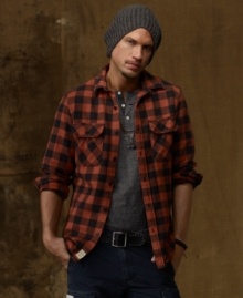Labor is the last thing you'll want to do in this breezy cotton workshirt, which is far more fit for lazy days and adventurous nights than hiding behind a cubicle. Labor is the last thing you'll want to do in this breezy cotton workshirt, which is far more fit for lazy days and adventurous nights than hiding behind a cubicle.