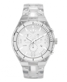 Lighten up... it's only time. Cambridge watch by adidas crafted of crystal clear nylon plastic bracelet and round case with silver tone bezel. White chronograph dial features numerals at three, six and nine o'clock, stick indices, minute track, three subdials, date window, three hands and logo. Quartz movement. Water resistant to 50 meters. Two-year limited warranty. Lighten up... it's only time. Cambridge watch by adidas crafted of crystal clear nylon plastic bracelet and round case with silver tone bezel. White chronograph dial features numerals at three, six and nine o'clock, stick indices, minute track, three subdials, date window, three hands and logo. Quartz movement. Water resistant to 50 meters. Two-year limited warranty.