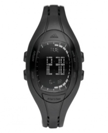 A watch that can keep up with your routine: the Lahar by adidas. Black polyurethane strap and oval plastic case. Negative display digital dial features gray digits displaying time, day, date, countdown timer, interval timer and 10-lap memory. Quartz movement. Water resistant to 100 meters. Two-year limited warranty.