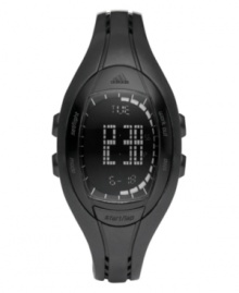 A watch that can keep up with your routine: the Lahar by adidas. Black polyurethane strap and oval plastic case. Negative display digital dial features gray digits displaying time, day, date, countdown timer, interval timer and 10-lap memory. Quartz movement. Water resistant to 100 meters. Two-year limited warranty. A watch that can keep up with your routine: the Lahar by adidas. Black polyurethane strap and oval plastic case. Negative display digital dial features gray digits displaying time, day, date, countdown timer, interval timer and 10-lap memory. Quartz movement. Water resistant to 100 meters. Two-year limited warranty.