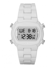 Stay on time with this retro Candy design by adidas. Watch crafted of white nylon bracelet and rounded rectangular case. Milky white positive display digital dial features day, date, time, alarm, chronograph, countdown timer and ten-lap memory. Digital movement. Water resistant to 50 meters. Two-year limited warranty.