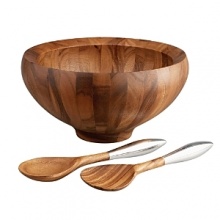 Nambé Yaro salad bowl set. Yaro salad bowl set is made of acacia wood, a dense, durable hardwood that glows with warmth and pleases with finely patterned grain of varying shades. Designed by Sean O'Hara, tossing a salad becomes a snap, while the more narrow bottom helps ensure that no dressing escapes the greens. Naturally resinous, acacia wood will not absorb stains or odors, and the bowl can be hand washed with warm soapy water. The accompanying salad servers have acacia wood heads and sculpted handles made of our signature Nambé Alloy. Goes perfectly with identically shaped individual-serving Yaro salad bowls, which come in sets of four. Nambé Yaro salad bowl set. Yaro salad bowl set is made of acacia wood, a dense, durable hardwood that glows with warmth and pleases with finely patterned grain of varying shades. Designed by Sean O'Hara, tossing a salad becomes a snap, while the more narrow bottom helps ensure that no dressing escapes the greens. Naturally resinous, acacia wood will not absorb stains or odors, and the bowl can be hand washed with warm soapy water. The accompanying salad servers have acacia wood heads and sculpted handles made of our signature Nambé Alloy. Goes perfectly with identically shaped individual-serving Yaro salad bowls, which come in sets of four.