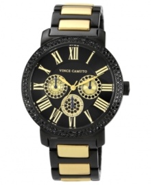 With a bevy of golden accents and finishing touches, this black steel watch from Vince Camuto has style to spare. With a bevy of golden accents and finishing touches, this black steel watch from Vince Camuto has style to spare.