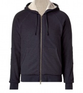 Casual hooded jacket in navy cotton - Classic hoodie cut, slim, athletic, with long sleeves, two-way zipper and slanted kangaroo pockets - Rib knit cuffs on the sleeves and hem - A favorite basic for leisure, sports, clubs - A great all-arounder, suitable for all casual looks, whether with sport pants, jeans or chinos