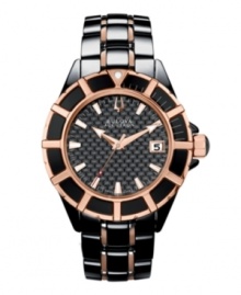 Push boundaries with this fashion-forward Bulova Accutron watch from the Mirador collection. Black ceramic and rose-gold ion-plated stainless steel bracelet and round case with rotating bezel and curved sapphire crystal. Black carbon fiber dial features rose-gold tone stick indices, minute track, date window at three o'clock, three hands and logo. Swiss quartz movement. Water resistant to 50 meters. Five-year limited warranty. Push boundaries with this fashion-forward Bulova Accutron watch from the Mirador collection. Black ceramic and rose-gold ion-plated stainless steel bracelet and round case with rotating bezel and curved sapphire crystal. Black carbon fiber dial features rose-gold tone stick indices, minute track, date window at three o'clock, three hands and logo. Swiss quartz movement. Water resistant to 50 meters. Five-year limited warranty.
