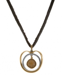 All it takes is two. Lucky Brand's double-circle pendant necklace features a dangling pendant at the middle with a semi-precious tiger's eye stone. Hanging from a leather strap. Crafted in gold and silver tone mixed metal. Approximate length: 38 inches. Approximate drop: 1-3/4 inches. All it takes is two. Lucky Brand's double-circle pendant necklace features a dangling pendant at the middle with a semi-precious tiger's eye stone. Hanging from a leather strap. Crafted in gold and silver tone mixed metal. Approximate length: 38 inches. Approximate drop: 1-3/4 inches.