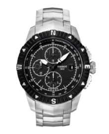 A multifunctional piece of Swiss adventurism, by Tissot. The T-Navigator watch is crafted of stainless steel bracelet and round case. Black bezel features directional markers. Black dial features tachymeter scale, minute track, date window at three o'clock, three hands, black numerals at three, six, nine and twelve o'clock and logo. Swiss automatic movement. Water resistant to 30 meters. Two-year limited warranty. A multifunctional piece of Swiss adventurism, by Tissot. The T-Navigator watch is crafted of stainless steel bracelet and round case. Black bezel features directional markers. Black dial features tachymeter scale, minute track, date window at three o'clock, three hands, black numerals at three, six, nine and twelve o'clock and logo. Swiss automatic movement. Water resistant to 30 meters. Two-year limited warranty.