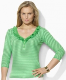 Airy jersey ruffles and a chic V-neckline lend flirty appeal to a plus size soft ribbed-knit cotton top, from Lauren by Ralph Lauren. Airy jersey ruffles and a chic V-neckline lend flirty appeal to a plus size soft ribbed-knit cotton top, from Lauren by Ralph Lauren.