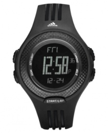 Gear up for sporty style. This Response Galaxy watch by adidas features a black polyurethane strap and round polycarbonate case. Negative display digital dial with chronograph, 50-lap memory, shadow race mode, timer and alarms. Quartz movement. Water resistant to 100 meters. Two-year limited warranty.