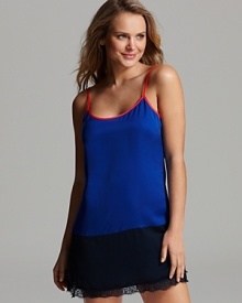 A camisole nighty featuring a combination of colorblock and delicate lace for a playful bedtime style. A camisole nighty featuring a combination of colorblock and delicate lace for a playful bedtime style.