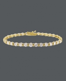 Take your style up a notch with a hint of sparkle. B. Brilliant's luminous tennis bracelet features a row of round-cut cubic zirconias (8-1/4 ct. t.w.) set in 18k gold over sterling silver. Approximate length: 7-1/4 inches. Take your style up a notch with a hint of sparkle. B. Brilliant's luminous tennis bracelet features a row of round-cut cubic zirconias (8-1/4 ct. t.w.) set in 18k gold over sterling silver. Approximate length: 7-1/4 inches.