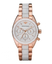 Stylish sophistication is yours with this watch du jour by Emporio Armani. Rose-gold ion-plated stainless steel bracelet with center links of white silicone and round case with white bezel. White chronograph dial features applied rose-gold tone numerals, minute track, three subdials, luminous hands and logo. Quartz movement. Water resistant to 50 meters. Two-year limited warranty. Stylish sophistication is yours with this watch du jour by Emporio Armani. Rose-gold ion-plated stainless steel bracelet with center links of white silicone and round case with white bezel. White chronograph dial features applied rose-gold tone numerals, minute track, three subdials, luminous hands and logo. Quartz movement. Water resistant to 50 meters. Two-year limited warranty.