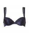 Elegant, dark blue silk bra with lace - demi bra also works well for small sizes - slightly padded, makes for a nice push-up effect - lace extends along the straps - great for wide boat necklines and sheer blouses - back hook closure - just a little bit of spandex ensures a perfect fit - adjustable straps - sexy, stylish, seductive - makes a great set with the matching panty or thong