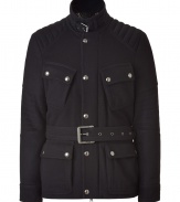 With edgy biker styling, this cashmere-and-wool-blend belted jacket from Belstaff elevates any ensemble - Stand collar with buckle detail, concealed front zipper placket with snaps, quilted shoulders, flap pockets, belted waist, slim fit - Pair with jeans and a tee and motorcycle boots or with slim trousers and trainers
